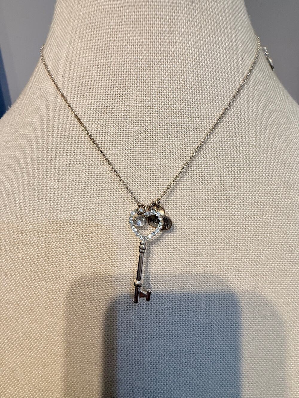 Vintage Rhinestone Heart Key Necklace 16” + 3”